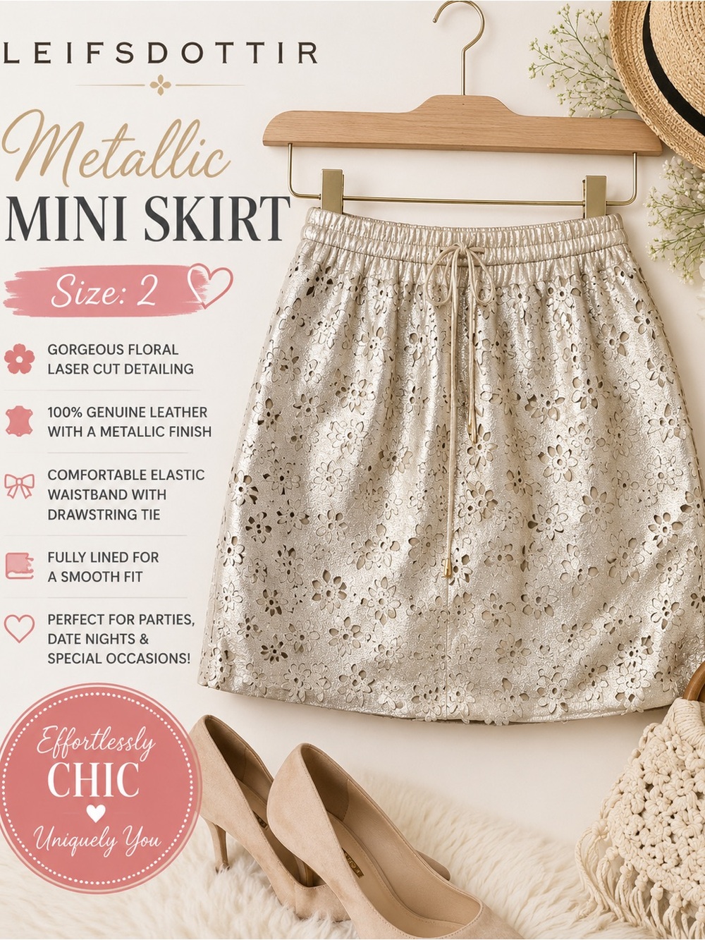 Anthropologie Leifsdottir Metallic Floral Laser Cut Leather Mini Skirt – Size 2